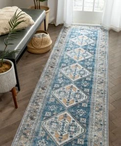 Well Woven Habra Machine Washable Vintage Medallion Oriental Light Blue Flat-Weave Distressed Rug Global