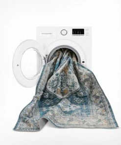 Well Woven Habra Machine Washable Vintage Medallion Oriental Light Blue Flat-Weave Distressed Rug Global