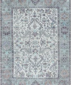 Well Woven Global Macon Machine Washable Vintage Medallion Botanical Border Beige Flat-Weave Distressed 5'3" X 7'3" Rug