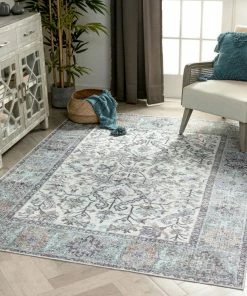 Well Woven Global Macon Machine Washable Vintage Medallion Botanical Border Beige Flat-Weave Distressed 5'3" X 7'3" Rug
