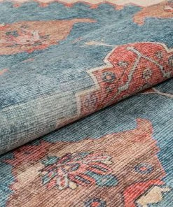 Well Woven Global Towne Machine Washable Vintage Medallion Persian Terra Blue Flat-Weave Distressed Rug