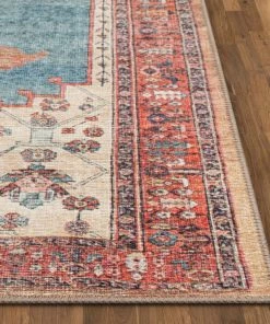 Well Woven Global Towne Machine Washable Vintage Medallion Persian Terra Blue Flat-Weave Distressed Rug