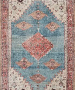 Well Woven Global Towne Machine Washable Vintage Medallion Persian Terra Blue Flat-Weave Distressed Rug