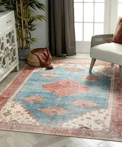 Well Woven Global Towne Machine Washable Vintage Medallion Persian Terra Blue Flat-Weave Distressed Rug