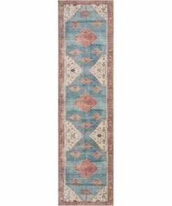 Well Woven Global Towne Machine Washable Vintage Medallion Persian Terra Blue Flat-Weave Distressed Rug