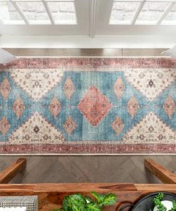 Well Woven Global Towne Machine Washable Vintage Medallion Persian Terra Blue Flat-Weave Distressed Rug