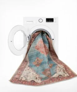 Well Woven Global Towne Machine Washable Vintage Medallion Persian Terra Blue Flat-Weave Distressed Rug