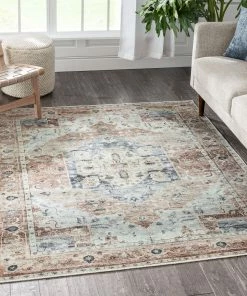 Well Woven Binita Machine Washable Vintage Medallion Oriental Ivory Rust Flat-Weave Rug Global