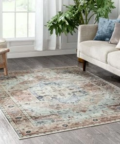 Well Woven Binita Machine Washable Vintage Medallion Oriental Ivory Rust Flat-Weave Rug Global