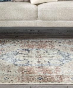 Well Woven Binita Machine Washable Vintage Medallion Oriental Ivory Rust Flat-Weave Rug Global