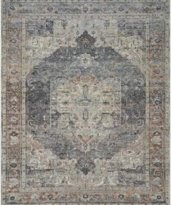 Well Woven Binita Machine Washable Vintage Medallion Oriental Grey Ivory Flat-Weave Rug Global