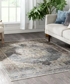 Well Woven Binita Machine Washable Vintage Medallion Oriental Grey Ivory Flat-Weave Rug Global