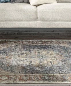 Well Woven Binita Machine Washable Vintage Medallion Oriental Grey Ivory Flat-Weave Rug Global