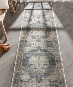 Well Woven Binita Machine Washable Vintage Medallion Oriental Grey Ivory Flat-Weave Rug Global