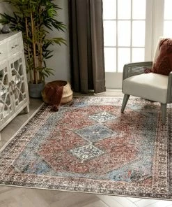 Well Woven Menda Machine Washable Vintage Bohemian Meallion Oriental Blush Flat-Weave Distressed Rug