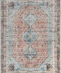 Well Woven Menda Machine Washable Vintage Bohemian Meallion Oriental Light Blue Flat-Weave Distressed Rug Global