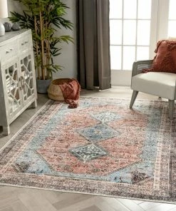 Well Woven Menda Machine Washable Vintage Bohemian Meallion Oriental Light Blue Flat-Weave Distressed Rug Global
