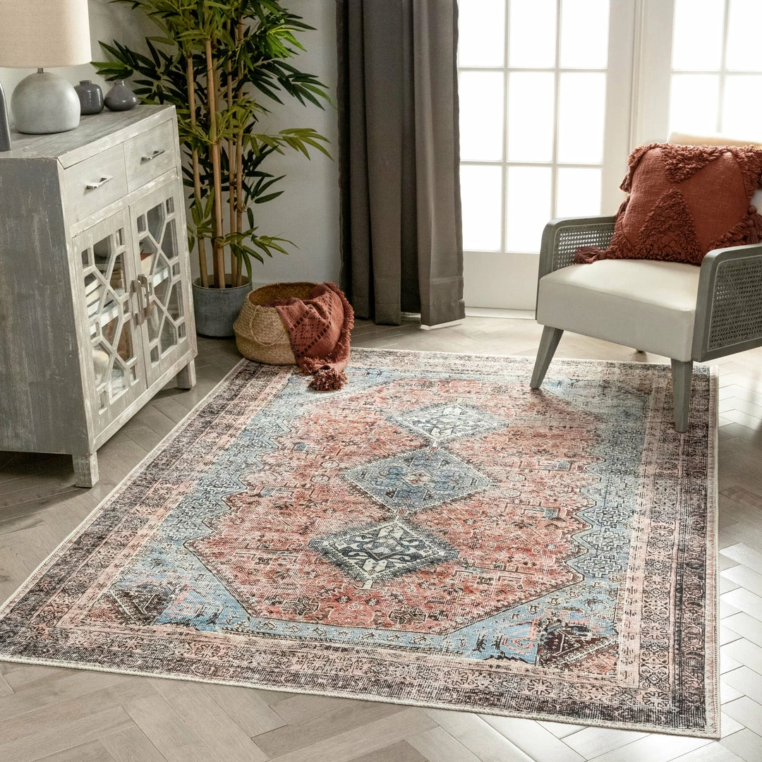 Well Woven Menda Machine Washable Vintage Bohemian Meallion Oriental Light Blue Flat-Weave Distressed Rug Global 1 Well Woven Menda Machine Washable Vintage Bohemian Meallion Oriental Light Blue Flat-Weave Distressed Rug Global