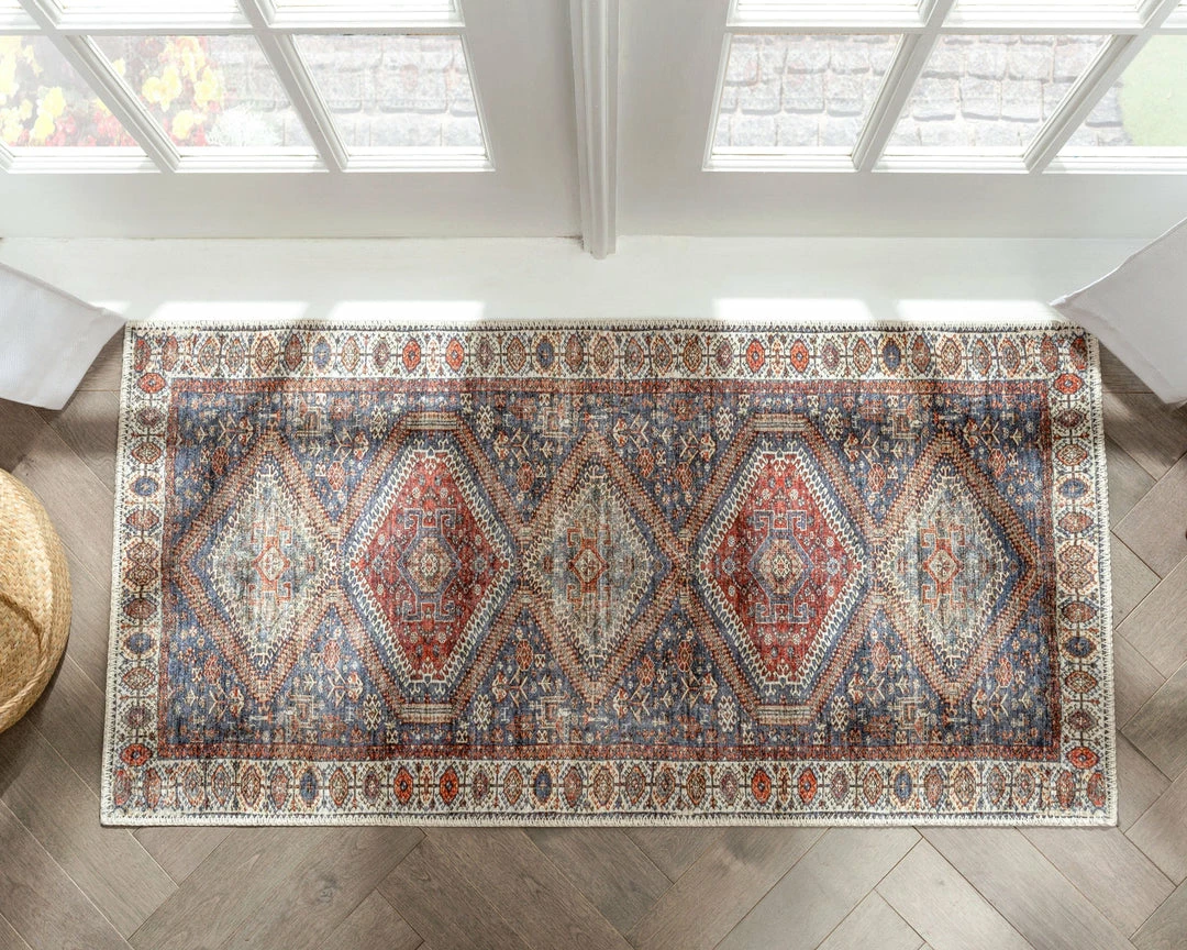 Well Woven Ripon Machine Washable Vintage Medallion Botanical Border Blue Red Flat-Weave Distressed Rug 7 Well Woven Ripon Machine Washable Vintage Medallion Botanical Border Blue Red Flat-Weave Distressed Rug