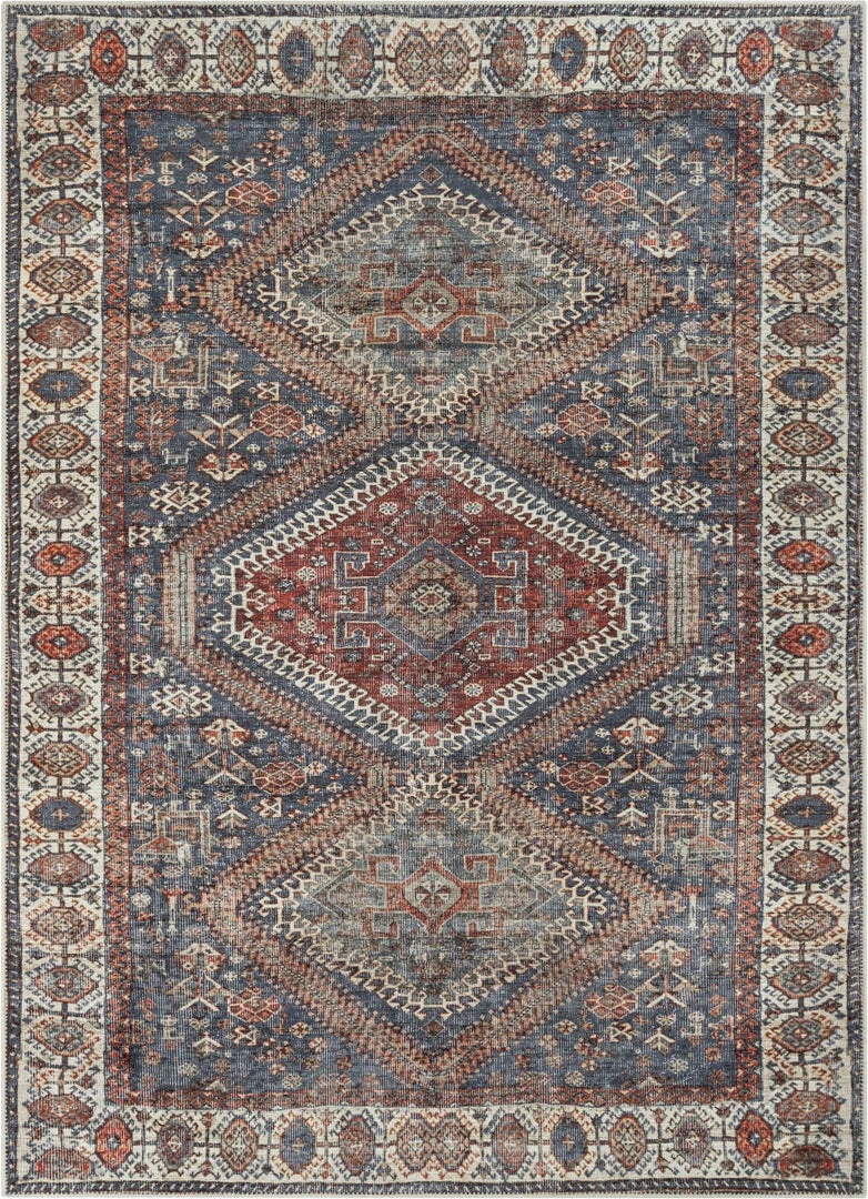 Well Woven Ripon Machine Washable Vintage Medallion Botanical Border Blue Red Flat-Weave Distressed Rug 2 Well Woven Ripon Machine Washable Vintage Medallion Botanical Border Blue Red Flat-Weave Distressed Rug