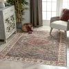 Well Woven Ripon Machine Washable Vintage Medallion Botanical Border Blue Red Flat-Weave Distressed Rug