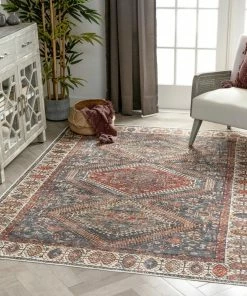 Well Woven Ripon Machine Washable Vintage Medallion Botanical Border Blue Red Flat-Weave Distressed Rug