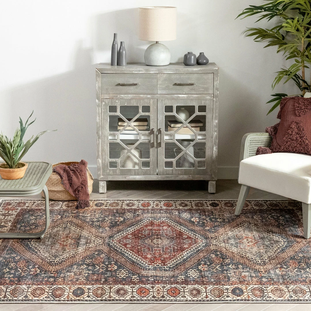 Well Woven Ripon Machine Washable Vintage Medallion Botanical Border Blue Red Flat-Weave Distressed Rug 9 Well Woven Ripon Machine Washable Vintage Medallion Botanical Border Blue Red Flat-Weave Distressed Rug