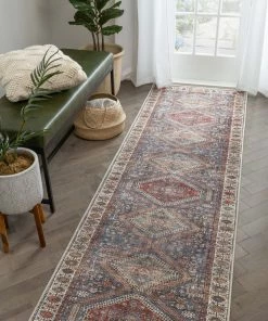 Well Woven Ripon Machine Washable Vintage Medallion Botanical Border Blue Red Flat-Weave Distressed Rug 18 Well Woven Ripon Machine Washable Vintage Medallion Botanical Border Blue Red Flat-Weave Distressed Rug