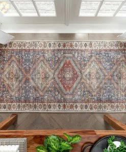 Well Woven Ripon Machine Washable Vintage Medallion Botanical Border Blue Red Flat-Weave Distressed Rug 25 Well Woven Ripon Machine Washable Vintage Medallion Botanical Border Blue Red Flat-Weave Distressed Rug