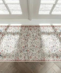 Well Woven Global Pomona Machine Washable Vintage Medallion Botanical Border Ivory Flat-Weave Distressed Rug