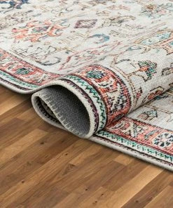 Well Woven Global Pomona Machine Washable Vintage Medallion Botanical Border Ivory Flat-Weave Distressed Rug