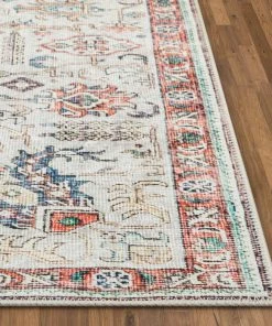 Well Woven Global Pomona Machine Washable Vintage Medallion Botanical Border Ivory Flat-Weave Distressed Rug