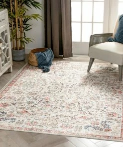 Well Woven Global Pomona Machine Washable Vintage Medallion Botanical Border Ivory Flat-Weave Distressed Rug