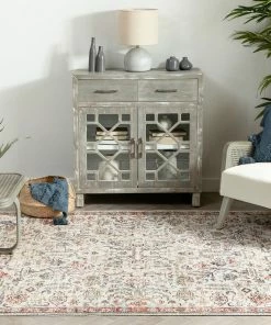 Well Woven Global Pomona Machine Washable Vintage Medallion Botanical Border Ivory Flat-Weave Distressed Rug