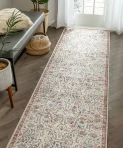 Well Woven Global Pomona Machine Washable Vintage Medallion Botanical Border Ivory Flat-Weave Distressed Rug