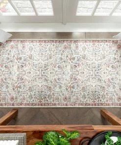 Well Woven Global Pomona Machine Washable Vintage Medallion Botanical Border Ivory Flat-Weave Distressed Rug