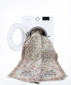 Well Woven Global Pomona Machine Washable Vintage Medallion Botanical Border Ivory Flat-Weave Distressed Rug