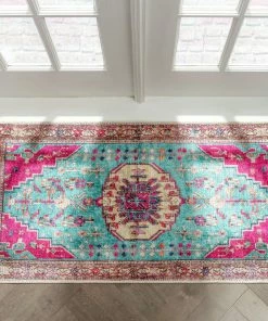 Well Woven Shasta Machine Washable Vintage Bohemian Medallion Persian Blush Turquoise Flat-Weave Distressed Rug Global