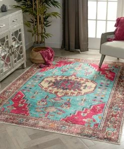 Well Woven Shasta Machine Washable Vintage Bohemian Medallion Persian Blush Turquoise Flat-Weave Distressed Rug Global