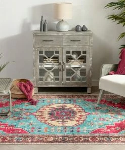 Well Woven Shasta Machine Washable Vintage Bohemian Medallion Persian Blush Turquoise Flat-Weave Distressed Rug Global