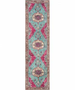 Well Woven Shasta Machine Washable Vintage Bohemian Medallion Persian Blush Turquoise Flat-Weave Distressed Rug Global