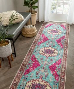 Well Woven Shasta Machine Washable Vintage Bohemian Medallion Persian Blush Turquoise Flat-Weave Distressed Rug Global
