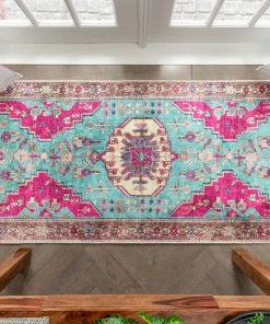 Well Woven Shasta Machine Washable Vintage Bohemian Medallion Persian Blush Turquoise Flat-Weave Distressed Rug Global