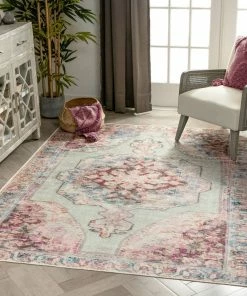 Well Woven Ramon Machine Washable Vintage Persian Botanical Pink Pastel Green Flat-Weave Distressed Rug Global