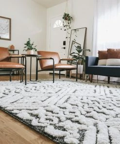 Well Woven Global Eliana Tribal Geometric Chevron Pattern Dark Grey White High-Low Textured Rug