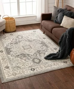 Well Woven Forti Perisan Medallion Botanical Border Grey Rug