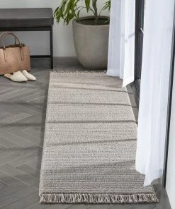 Well Woven Geometric Carlow Solid & Striped Textured Taupe Ivory Ultra Soft High-Low Shag Rug