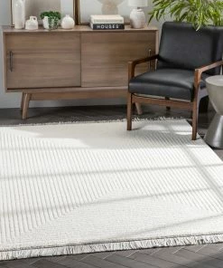 Well Woven Geometric Monroe Solid & Striped Textured Ivory Ultra Soft High-Low Shag Rug