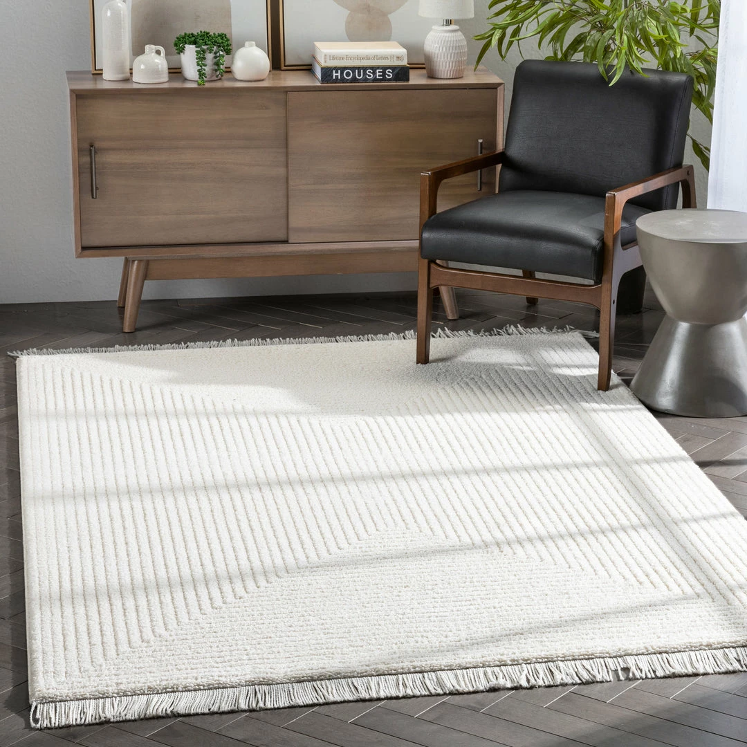 Well Woven Geometric Monroe Solid & Striped Textured Ivory Ultra Soft High-Low Shag Rug 1 Well Woven Geometric Monroe Solid & Striped Textured Ivory Ultra Soft High-Low Shag Rug