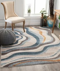 Well Woven 5'x7' Flutter Modern Abstract Beige Rug 5'3" X 7'3"